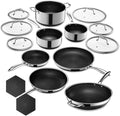 HexClad Hybrid Nonstick 15-Piece Cookware Set 12 Wok 8 10 and 12 Pans with Lids 2 3 and 8Qt Pots with Lids and 2 Silicone Trivets Stay-Cool Handles Dishwasher and Oven-Safe