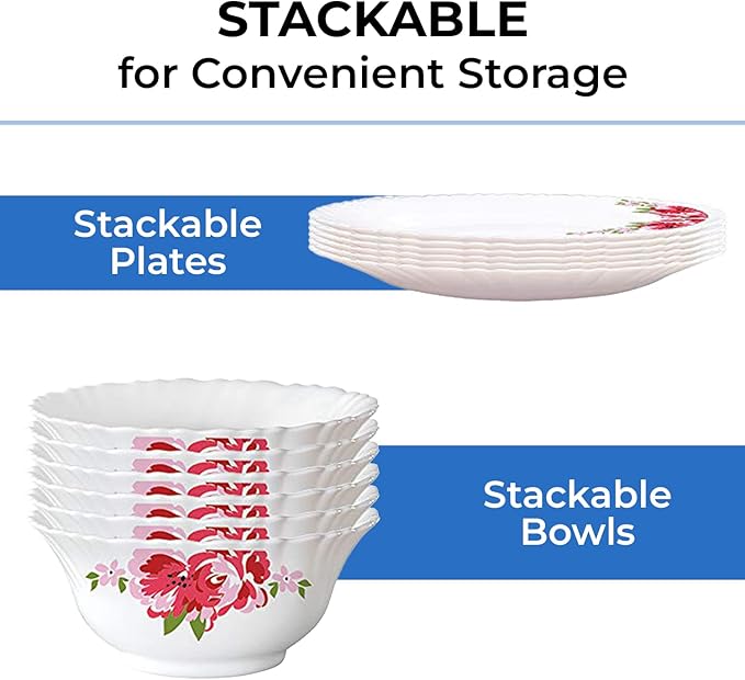 Borosil Gourmet Dinnerware Set For 6 35 Pieces White Dinner Plates and Bowls Chip Resistant Tempered Opal Glass Stain Resistant Dishwasher &amp Microwave Safe Dinner Set For Gifting Serves 6