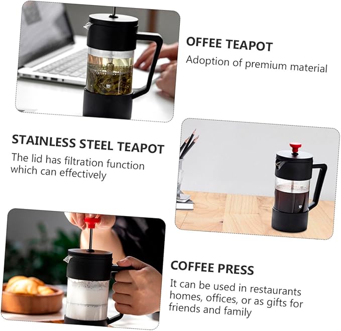 Stainless Steel Manual Press Coffee Maker 350ml Glass Pot with Red Lid Tea Kettle for Home Brewing and Travel
