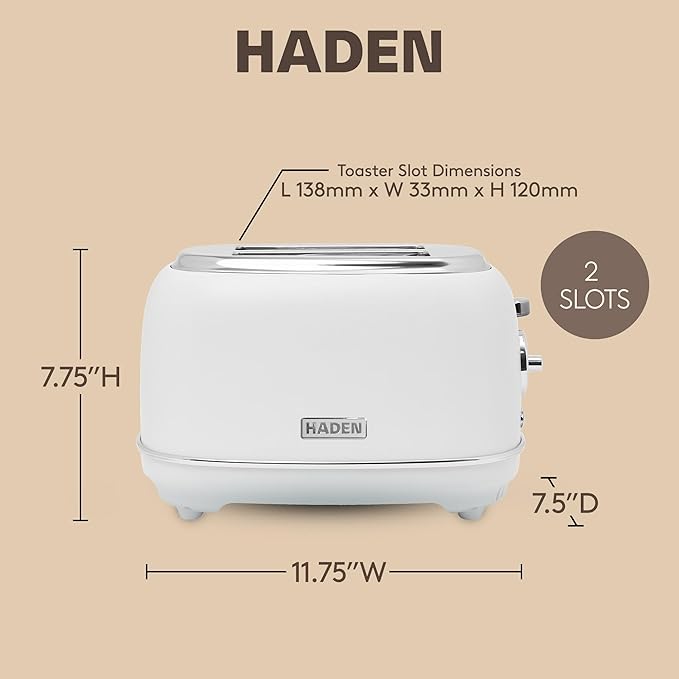 Haden Chelsea 2-Slice Wide Slot Stainless Steel Toaster with Adjustable Browning Control &amp Non-Slip Feet Ivory &amp Chrome