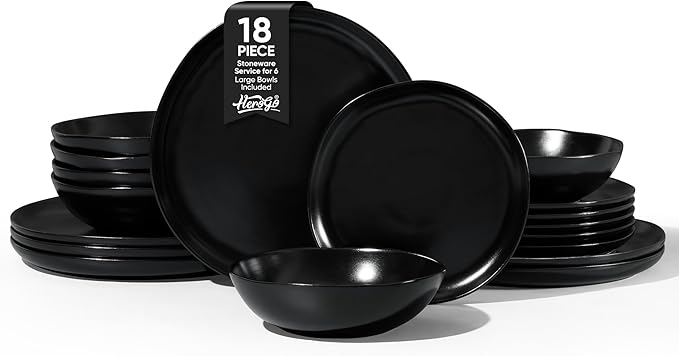 Herogo Stoneware Dinnerware Sets for 6 18 Piece Ceramic Dinner Dishes Set Irregular Handmade Plates and Bowls Dishware Crack and Scratch Resistant Reactive GlazeMatte Black