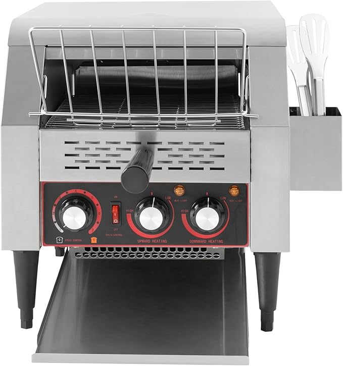 1900W Commercial Conveyor Toaster Stainless Steel Toaster with Upper and Lower Heating Tubes and Crumb Tray 300 Slices/H Heavy Duty Countertop Electric Toaster for Bun Bagel Bread Silver 110V