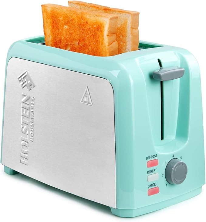 Holstein Housewares 2-Slice Toaster with 7 Browning Settings Extra-Wide Slots Reheat Defrost Cancel High-Lift Release Removable Crumb Tray – Compact Stainless Steel Mint