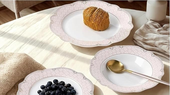 12-Piece Porcelain Dinnerware Set Blush Pink with Gold Trim 10.5/8.5/7.5 inch Plates[Sandra]