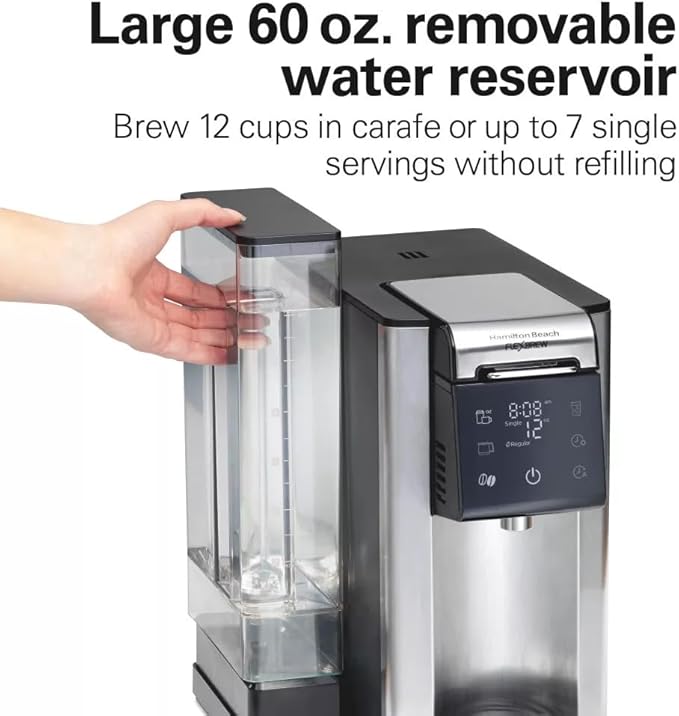 Hamilton-Beach 12c FlexBrew 5-in-1 Drip Coffee Maker Single Serve and Carafe Brewer Compatible with Ground Coffee and KCups Programmable Auto Shut-Off Adjustable Strength 1200W (Renewed)