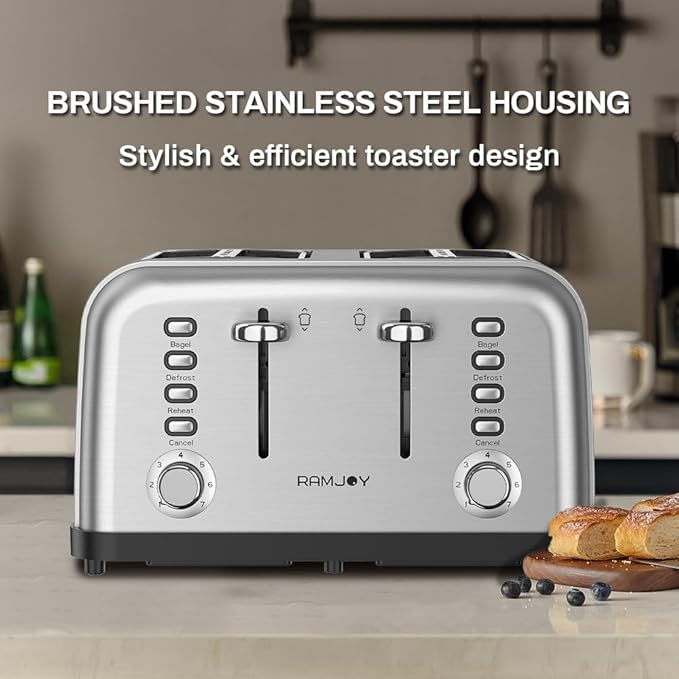 Toaster 4 Slice Dual Independent Controls Extra Wide Slot Toasters for Bagel Bread Waffles 7 Shade Settings 4 Main Functions Removable Crumb Tray 1500 Watts Brushed Stainless Steel