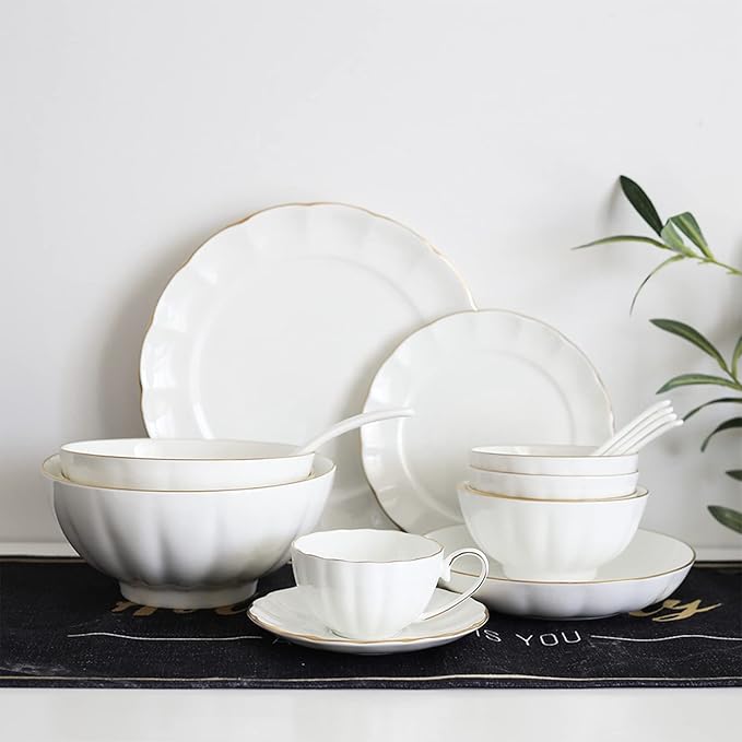 Ceramic Dinnerware Set Collection - Penh Ceramics Bowls and Plates Sets 16 Piece Dish Set Includes Dinner Plate Salad Plate Soup Bowl and Mug Tableware Combination Set White