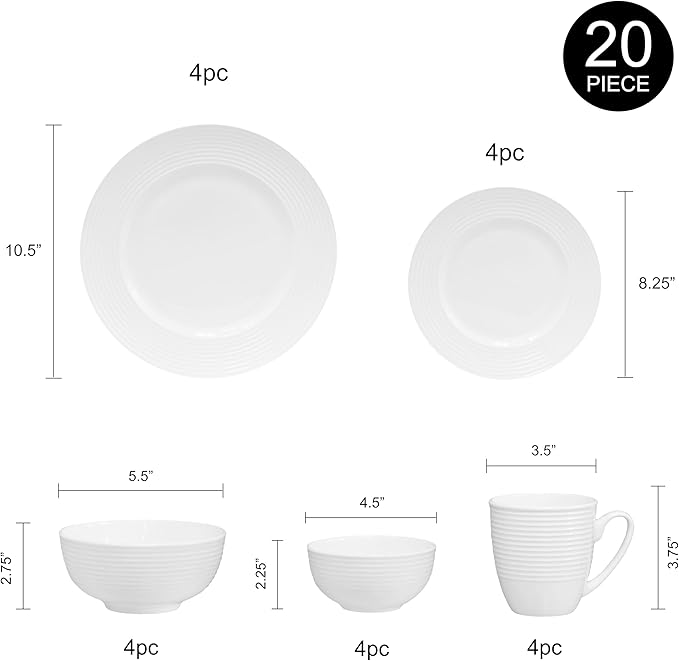 QOUTIQUE Bone China Dinnerware 20PC Set Service for 4 White Embossed circle Microwave Safe Translucent Elegant giftware Dish set Essential Home Kitchen Dishes Dinner Set
