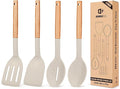 Pack of 4 Silicone Cooking Utensils Set Non Stick Solid Spatulas and Heat Resistant Slotted Spoons with Wooden Handle Ideal Wood Kitchen Utensils Set for FryingServingTurningStirring (KHAKI)