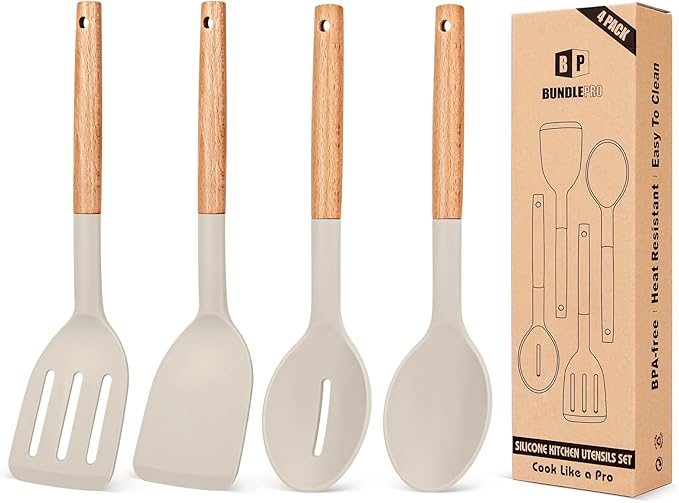 Pack of 4 Silicone Cooking Utensils Set Non Stick Solid Spatulas and Heat Resistant Slotted Spoons with Wooden Handle Ideal Wood Kitchen Utensils Set for FryingServingTurningStirring (KHAKI)