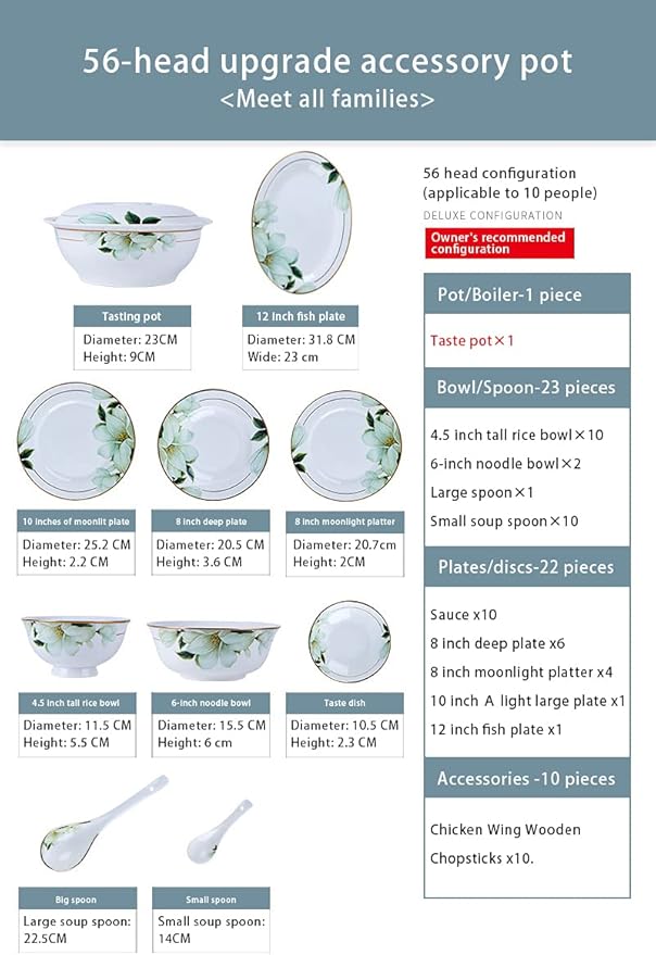 Dinner Sets for 10Bone China Porcelain Dinner SetJingdezhen Flowers Pattern Tableware Set Bowls and Plates-56 Pcs (Style 1)