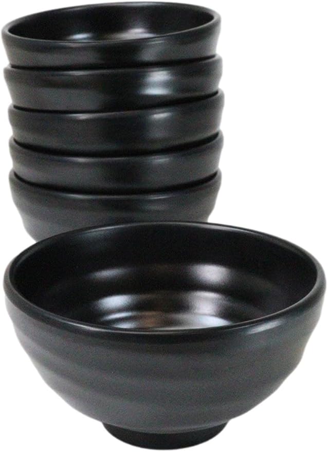 Ebros Gift Contemporary Ridged Matte Black Melamine Series Dinnerware Serveware Kitchenware Set Japanese Chinese Restaurant Supply (Pack Of 6 Small Round Soup Appetizer Rice Bowls 10oz)