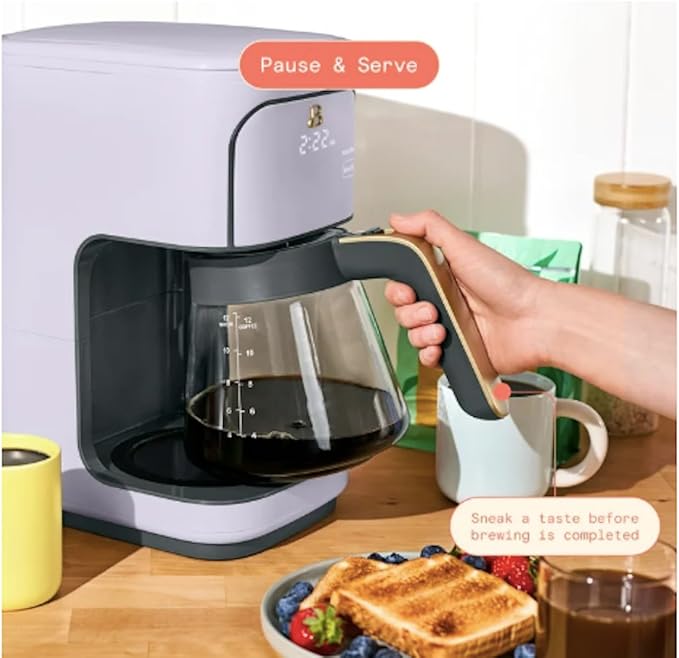 12-Cup Programmable Coffee Maker with Touch Display – 24-Hour Auto Brew Bold Strength Control Glass Carafe Reusable Filter Auto Shut-Off ~ Lavender