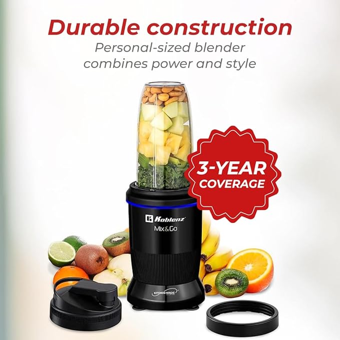 Koblenz Mix&ampGo Personal Blender 1000W Portable Blender for Shakes and Smoothies 6 Stainless Steel Blades Auto-Stop 30 oz BPA-Free To-Go Cup Recipe Book Easy to Clean 6-Piece Kit Black BKM