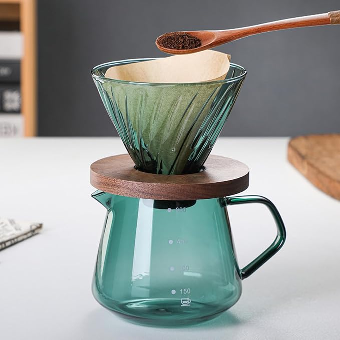 Pour Over Coffee Maker Set 600ML Glass Carafe Coffee Server with Dripper Set V60 Glass Coffee Filter with Wood Base for Home Office Gift 1-4 Cups