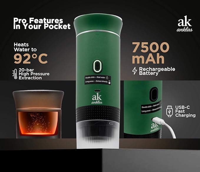 3-in-1 Portable Coffee Maker – Electric Espresso Machine for Travel – Compatible with Ground Coffee NS &amp DG Capsules – USB-C Rechargeable Portable Espresso Maker (Green)