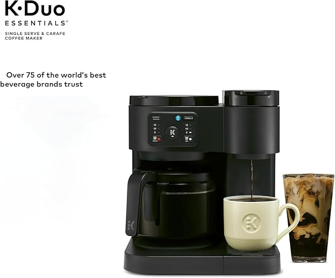 K-Duo Essentials Hot &amp Iced Single-Serve Coffee Maker with 12-Cup Glass Carafe Brews KCup Pods &amp Coffee Grounds Multiple Brew Sizes 72 oz Reservoir Pause &amp Pour Feature (Blacks)