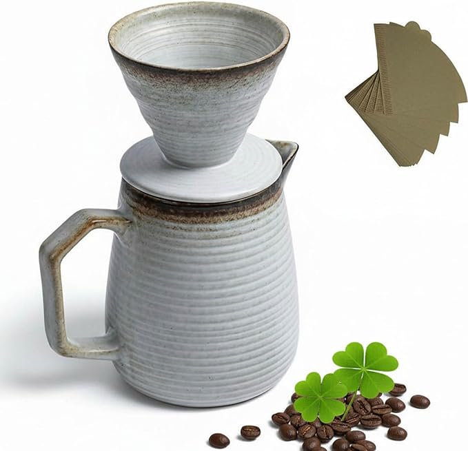 Pour Over Coffee Maker Set - Ceramic Dripper Pot Heat-Resistant &amp Easy Clean Manual Slow Drip Coffee Brewer for Office Home Camping 1-3 Cup Pour 20 coffee filters (white)