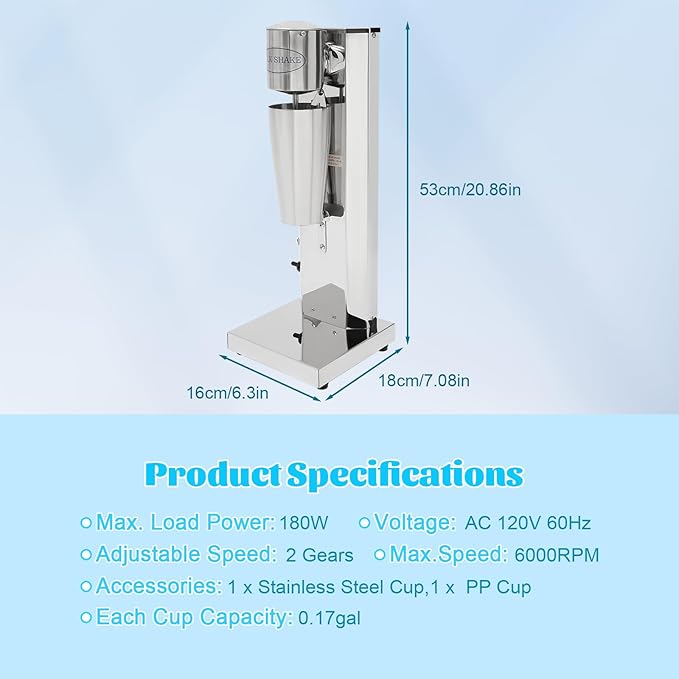 Electric Milkshake Maker Machine Commercial Stainless Steel Milk Shake Machine with 2 Cups 650ml/Cup 110V 180W Drink Mixer Adjustable Speed Malt Maker Machine (1 Head)