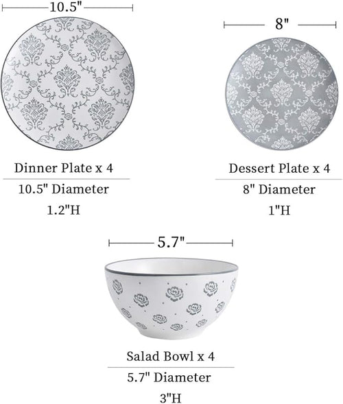 12-Piece Dinnerware Set Ceramic Dish Set with Plates Bowls Nonstick Durable Stoneware Grey for Kitchen