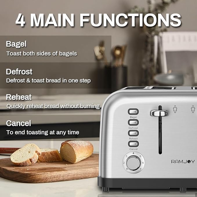 Toaster 4 Slice Dual Independent Controls Extra Wide Slot Toasters for Bagel Bread Waffles 7 Shade Settings 4 Main Functions Removable Crumb Tray 1500 Watts Brushed Stainless Steel