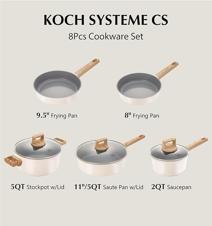 KOCH SYSTEME CS Nonstick Ceramic Cookware Set Nonstick Pots and Pans Set with Stay-Cool Handles Non-toxic Ceramic Kitchen Cooking Set Induction Compatible Dishwasher Safe PFAS and PFOA Free