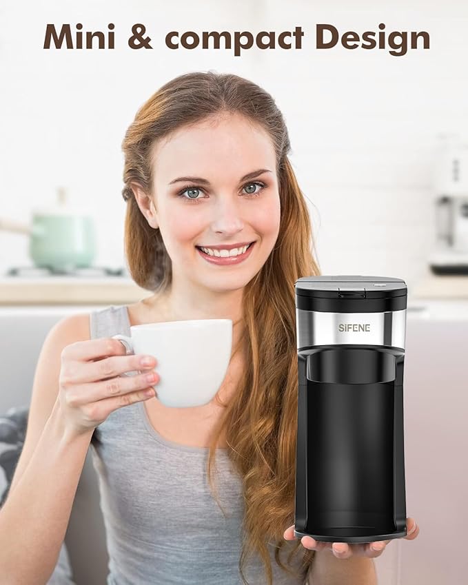 SIFENE Mini Single Serve Drip Coffee Maker – 2-in-1 Portable Machine for K-Pods &amp Grounds. Fast Brew Easy Clean Auto Shut-Off Water Window Descaling Reminder. BLACK