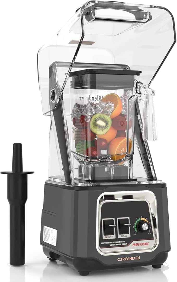 CRANDDI Commercial Blender 2200W Countertop Blenders with Removable Shield Quiet Smoothie Blender for Shakes and Ice Crushing 52oz 38000 RPM Professional Blenders for Kitchen K80 (Grey)