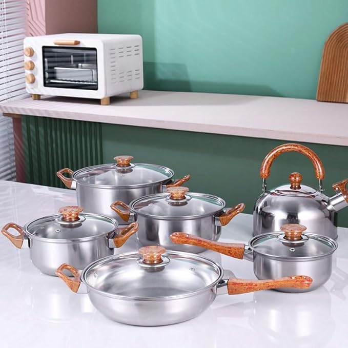 Practical Gift Set of 12-piece Wood-grain Milk Pot Soup Kettle Frying Pan Stainless Steel Cookware