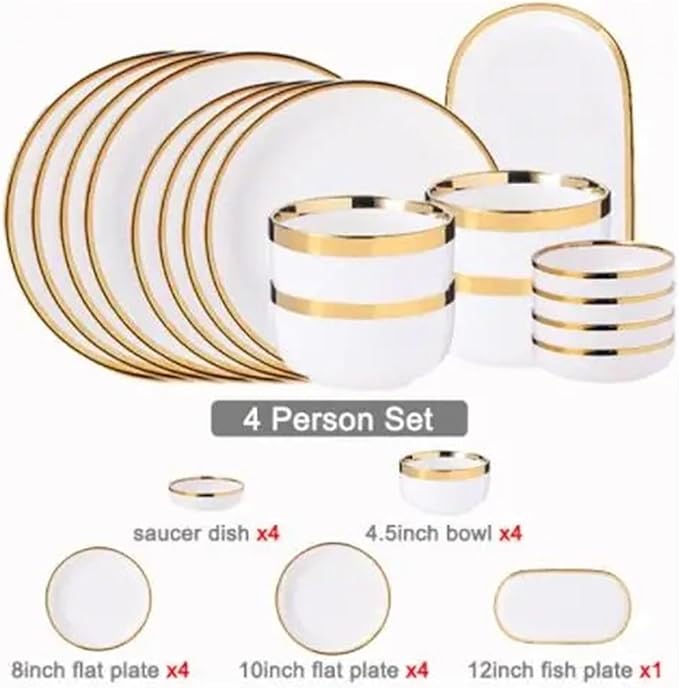 Dinner Sets Gold Bright White Porcelain Dinner Sets Ceramic Bowl Dish Plates Set Dinnerware for Household HotelBright B4people Set
