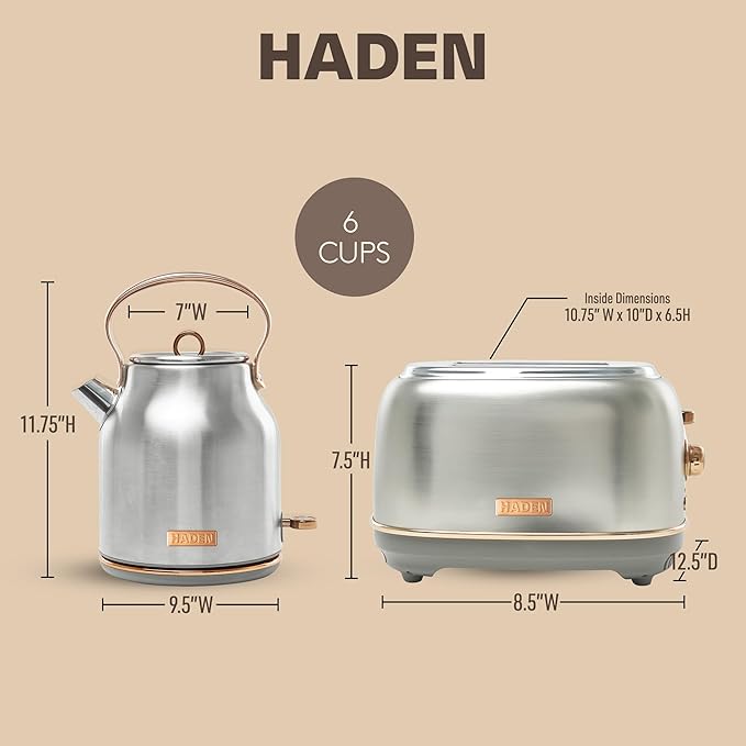 Haden Heritage 4 Slice Wide Slot Stainless Steel Toaster Bundled with 1.7 Liter Stainless Steel Electric Water Kettle Steel &amp Copper