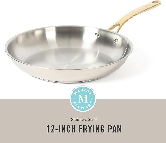 Martha Stewart Castelle 12-Inch Stainless Steel Frying Pan with Gold-Tone Handle – Tri-Ply Encapsulated Bottom Oven Safe &amp Induction Safe Skillet for Searing and Sautéing