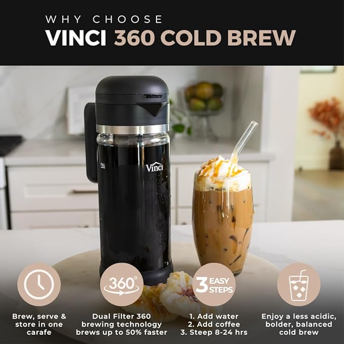 VINCI Cold Brew 360 Glass Cold Brew Coffee Maker Featuring Patented Dual Filter 360 Brewing Technology Cold Brew for Iced Coffee (2.0 Liter / 68 FL.OZ)