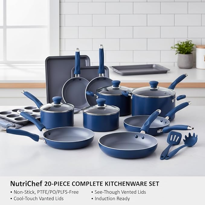 NutriChef Kitchenware Pots &amp Pans Set – High-qualified Basic Kitchen Cookware Set Non-Stick (20-Piece Set)