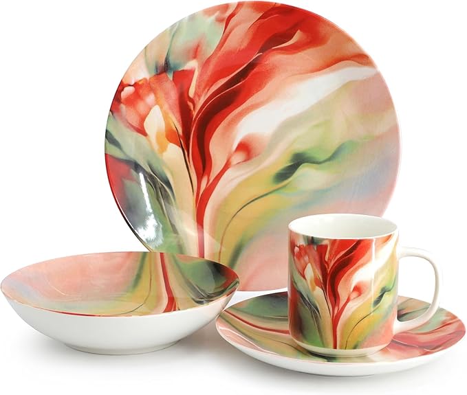 16‑Piece Porcelain Dinnerware Set with Floral Design – Round Plates Bowls and Mugs Microwave &amp Dishwasher Safe Tableware for 4 (Assorted)