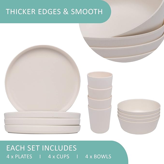 Home STRB-BF12W-12 Stephan Roberts Bamboo Dinnerware Set Eco-Friendly Bamboo Fiber Dinnerware 12 PC (Cereal Bowls Unbreakable Plates Cups)