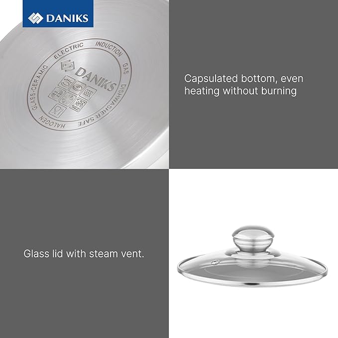 Daniks Classic 11-Piece Stainless Steel Cookware Set with Glass Lids Includes Saucepan and Frying Pan with Lid Tri-Ply Bases for Even Heating Induction Compatible Dishwasher Safe