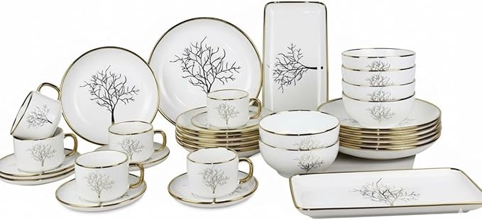 Premium Porcelain Dinnerware Set - 32 Pieces Set with Gold Rim Plates Bowls and Cups – Service for 6 (Leaf)
