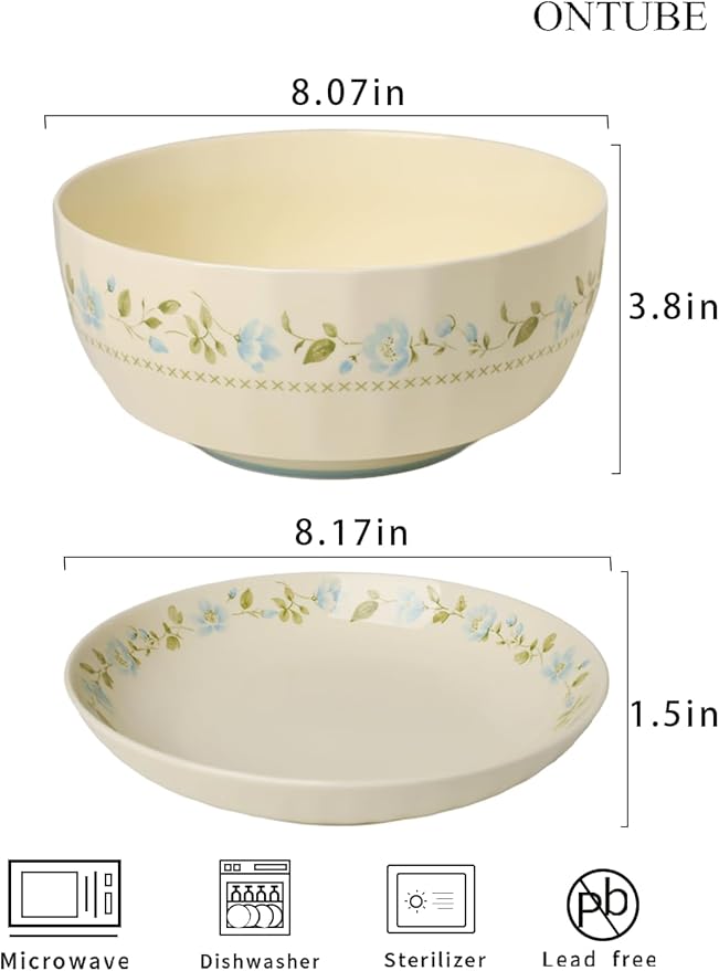 ONTUBE Ceramic Flower Dinnerware Set Two Plates with Large Soup Bowl Rural style household dining bowls and vegetable dishes for Cereal Salad Pasta Soup Dessert