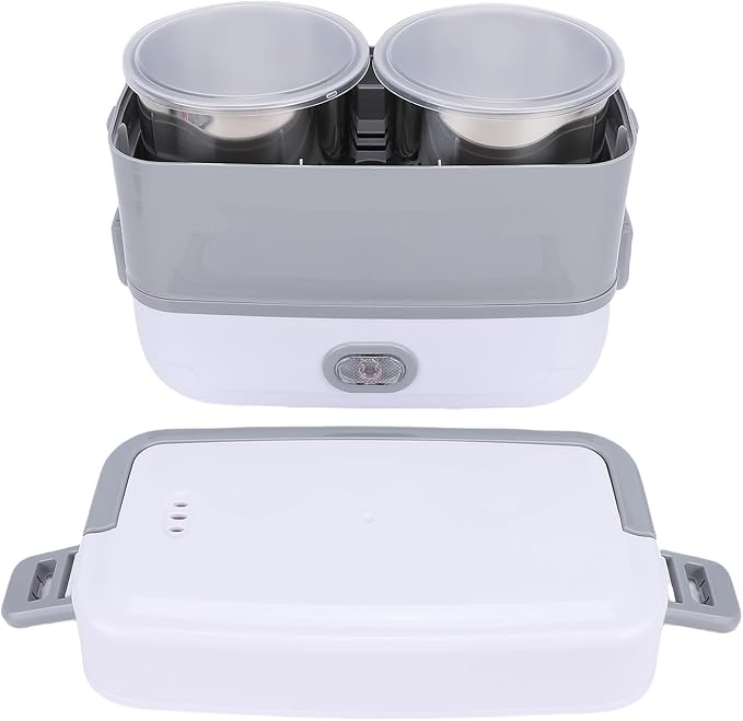Dpofirs Portable Self Cooking Electric Lunch Box 2L Mini Rice Cooker 2 Layers 4 Stainless Steel Steamer Food Insulation Box Heated Food Warmer Cooker for Home Office Travel (US Plug 110V)