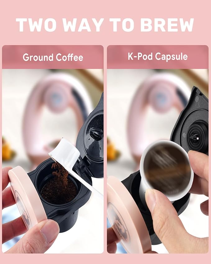 2-in-1 Coffee Maker Fast Brew in 1.5mins Single Serve Coffee Machine Compatible with K-Cup Pods &amp Ground Coffee 1400W with 20s Preheat Compact for HomeSmall PlaceOffice &amp RV 8ozPink