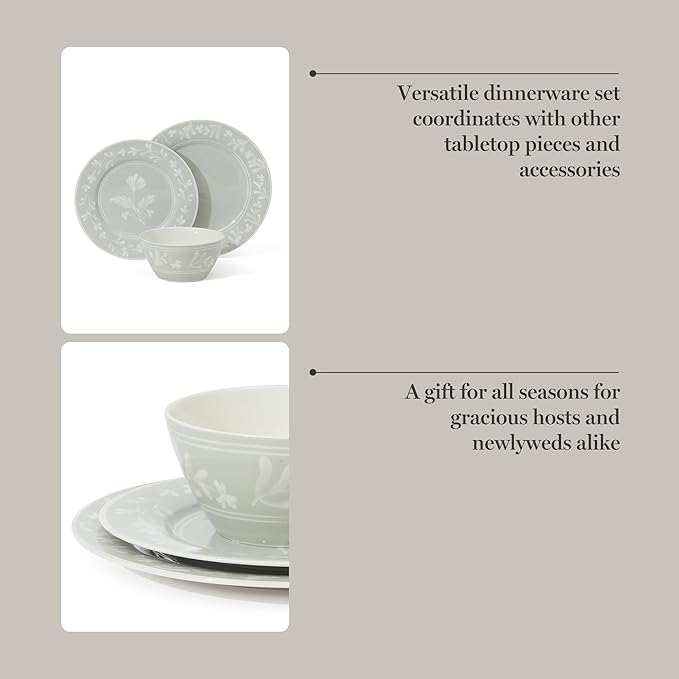 Martha Stewart Maiden Crown 12-Piece Sage Green Dinnerware Set – New Bone China Ceramic Plates &amp Bowls – Floral Design – Service for 4 – Microwave &amp Dishwasher Safe