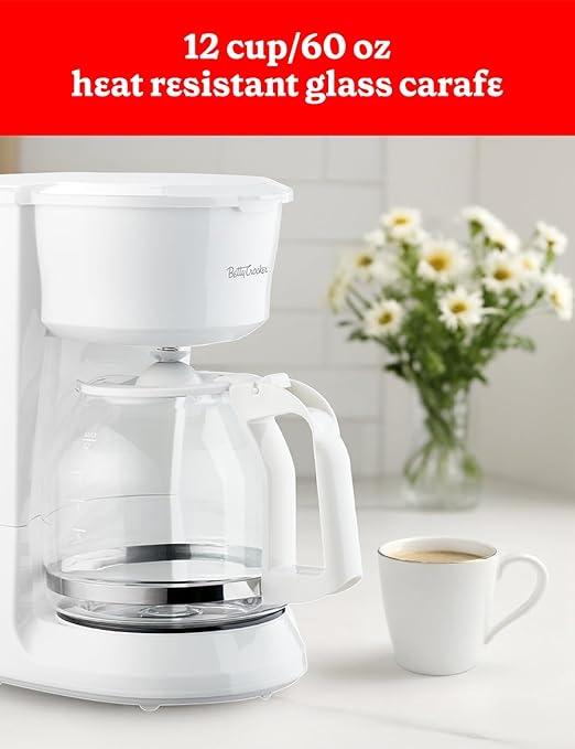 Betty Crocker 12-Cup Drip Coffee Maker with Heat Resistant Glass Carafe Removable Permanent Nylon Filter Pause &amp Pour Water Level Gauge Non-Stick Warming Plate BC-5729W White