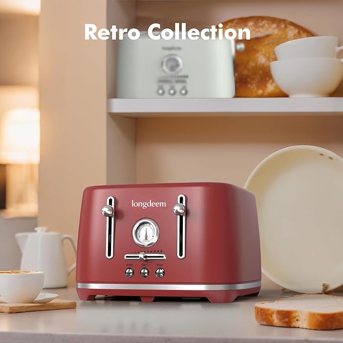 LONGDEEM 4 Slice Retro Stainless Steel Toaster – Extra Wide 1.6” Slots 6 Browning Levels Bagel &amp Defrost Functions Removable Crumb Trays Cool Touch Countertop Toaster for Small Spaces Red