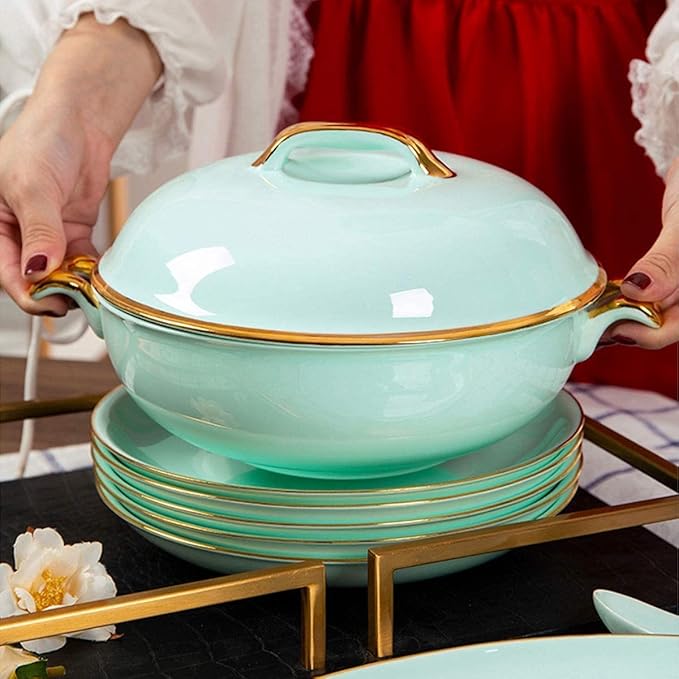 Dinnerware Set Luxury Family Dinner Service Set Porcelain Dinnerware Set European-Style Phnom Penh Bone China Tableware Set Bowls and Plates Celadon Dinner Set Service(65pieces)