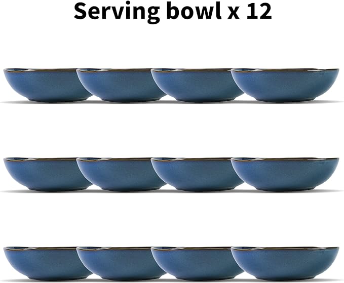 Organic Shape Highland Ceramic Serving Bowl 12pcs 9 Inch Handmade Reactive Glaze Stoneware 40oz Bowl with Wavy Edge for Kitchen Microwave &amp Dishwasher Safe Scratch Resistant-Blue