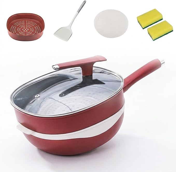 12 Inch Titanium Alloy Non Stick Pot With Lid With Steamer Non Stick Frying Pan Set With Lids For Cooking Nonstick Frying Cookware Sets Deep Saute Pan (Red)