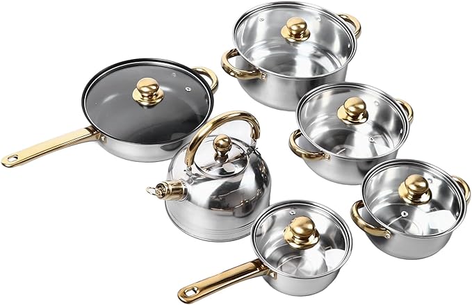 Kitchen Cookware Pots 12 Pieces Pot Lids Versatile Kitchen Pots Stainless Steel Gold Handle for Cooking