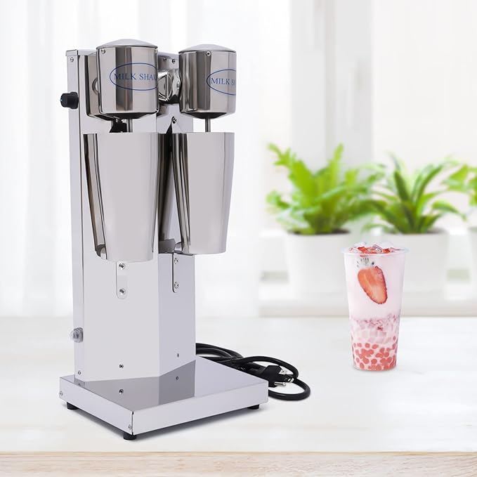 Electric Double Head Milk Shaker180W Stainless Steel Silver Commercial Drink Mixer With 2CupIce Shovel＆Cleaning BrushInfinitely Variable Speed Smoothie Malt For Cocktail Tea Coffee