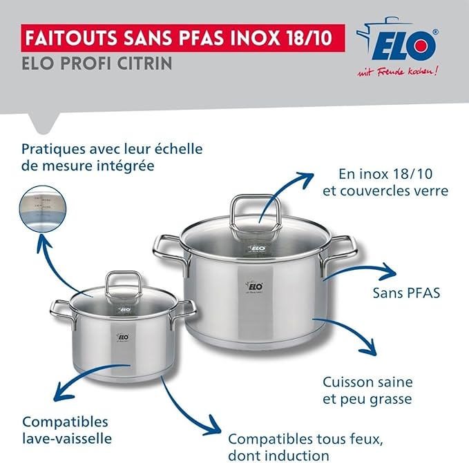 ELO 9508350 Cookware Set 4 Pieces 2 Frying Pans 28 and 32 cm and 2 Saucepans 12 and 16 cm Elo Profi Citrine Stainless Steel Induction
